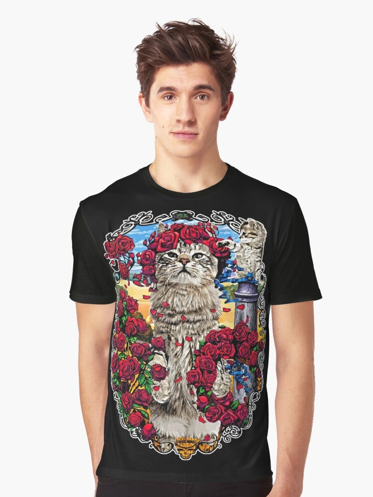 Graphic t-shirt design featuring grateful cats and roses - Men