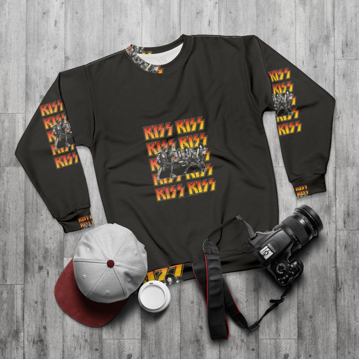 KISS Band Sweatshirt with Fan Art Design - flat lay