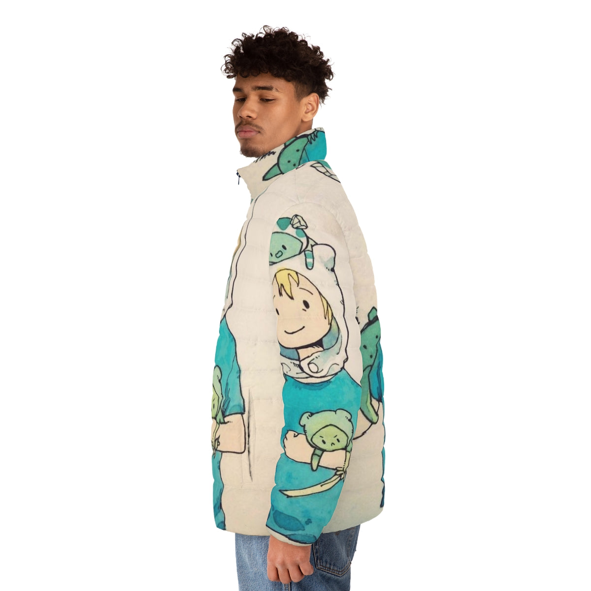 Fallout vaporwave puffer jacket featuring a cute and humorous vault boy design - men side left