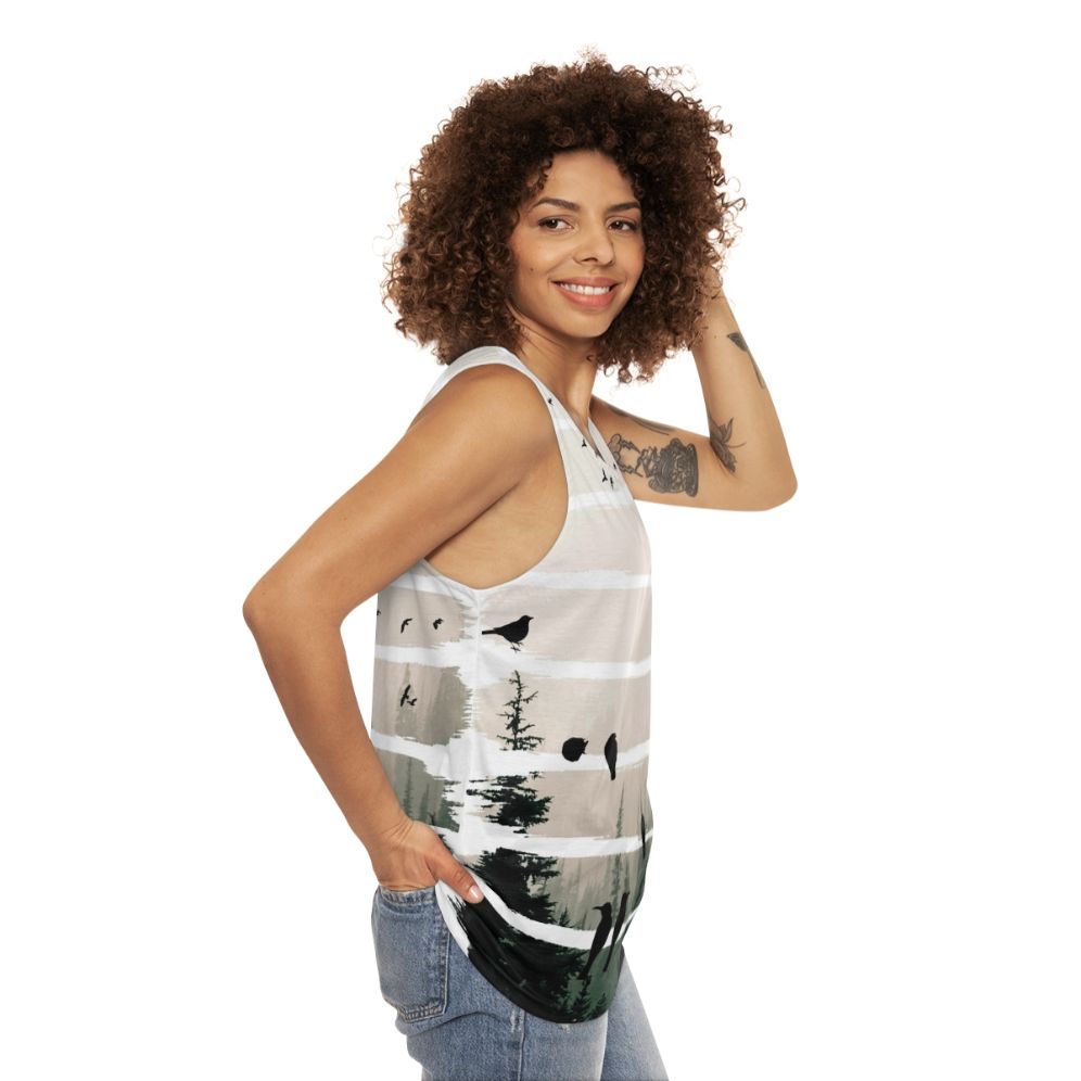 Unisex tank top with birds watching birds at sunset - women side