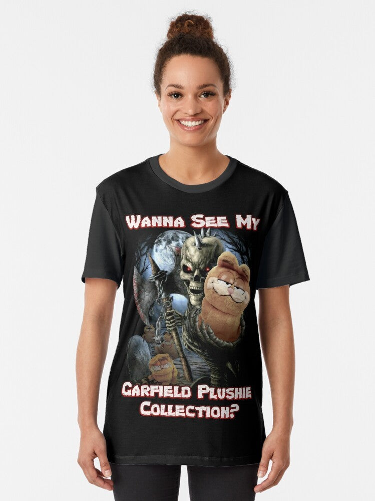 Garfield plushie collection graphic t-shirt with skulls, skeletons, and cursed imagery - Women