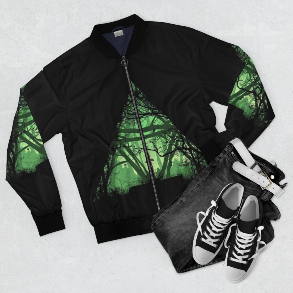 Bomber jacket with a digital nature and sword design - Flat lay