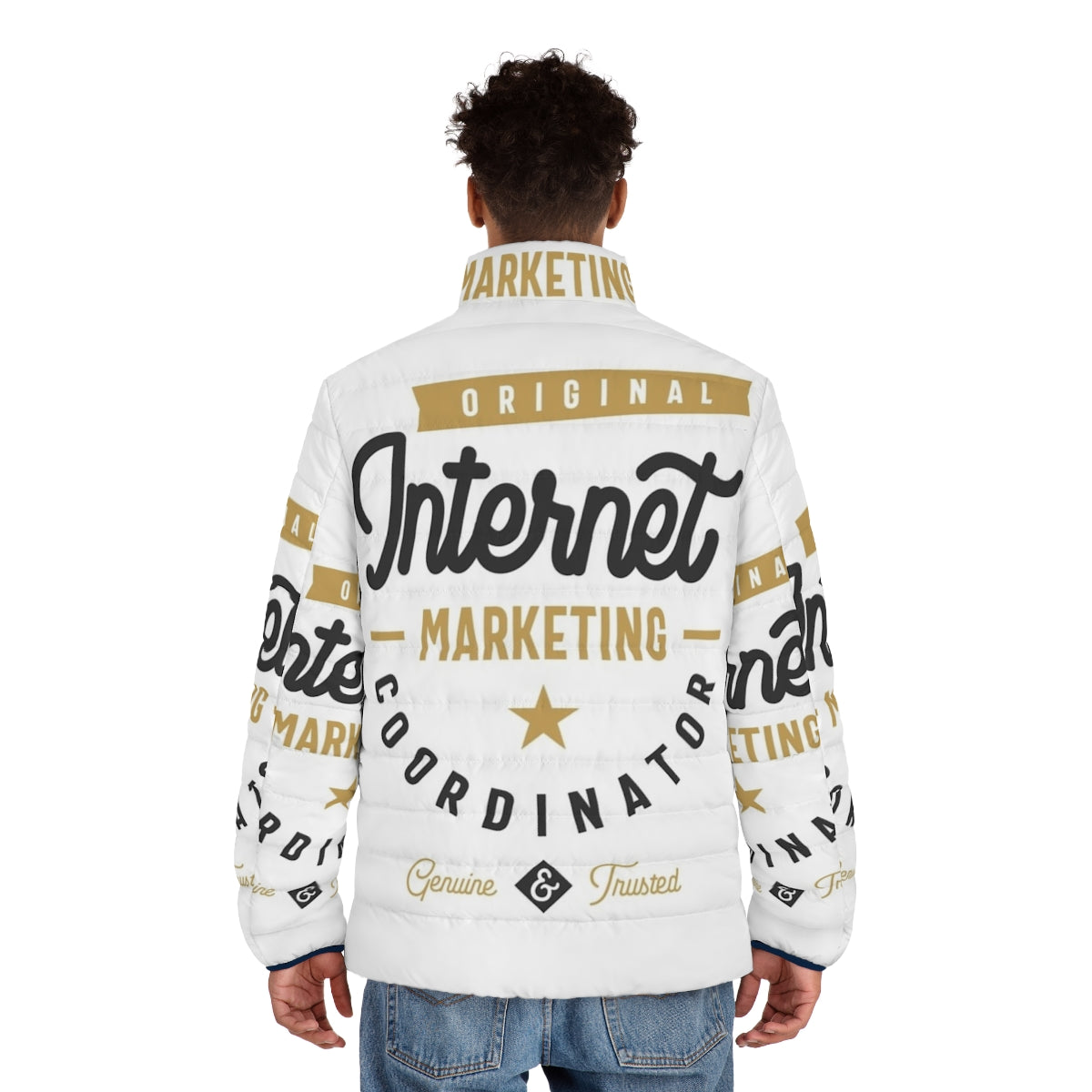 Internet Marketing Coordinator wearing a stylish puffer jacket - men back