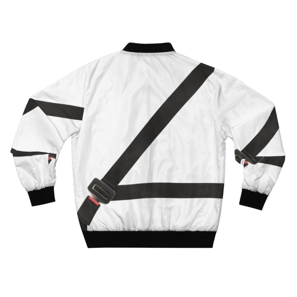 A bomber jacket with a fake seatbelt design, promoting car safety. - Back