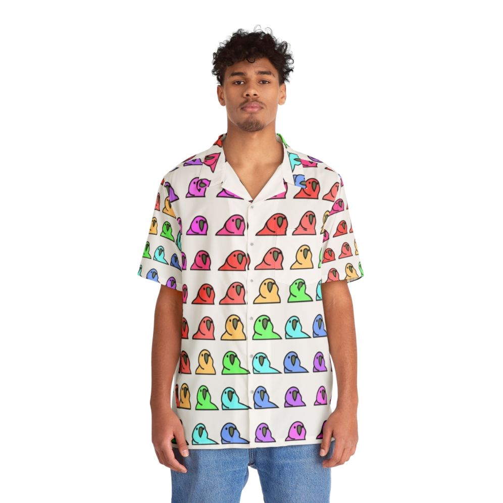 Colorful Partyparrot Hawaiian Shirt with Tropical Bird Print - People Front