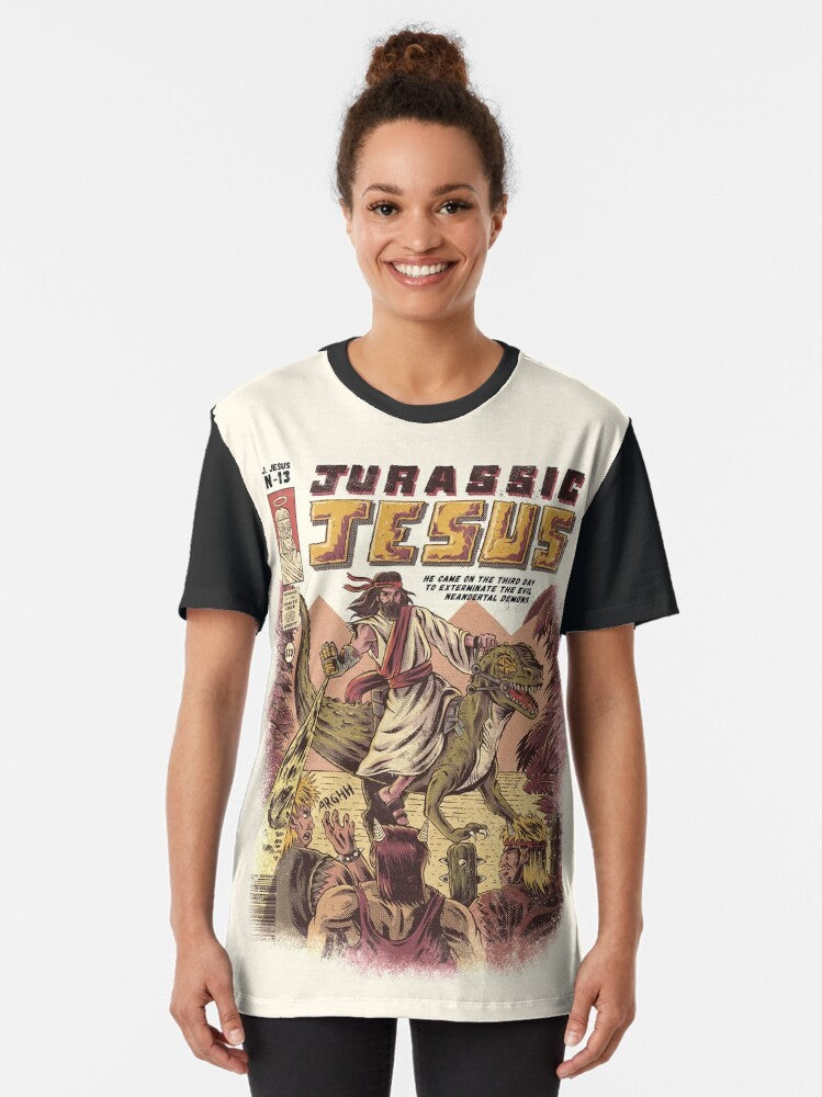 JURASSIC JESUS Funny Graphic T-Shirt featuring dinosaurs and Jesus - Women