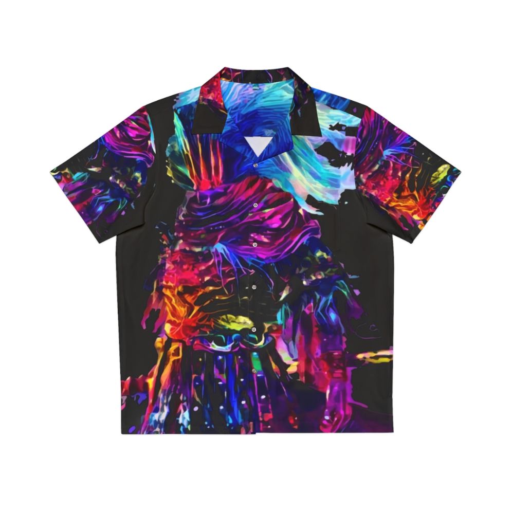 Dark synthwave fantasy Hawaiian shirt with gaming and horror elements