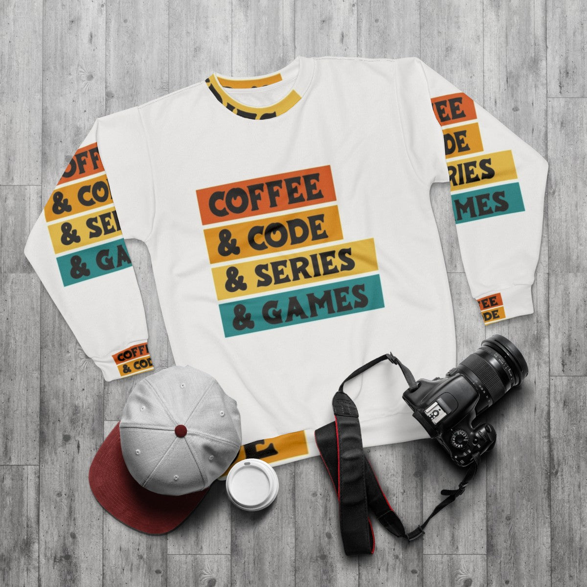 Personalized hobby sweatshirt showcasing various hobbies - flat lay