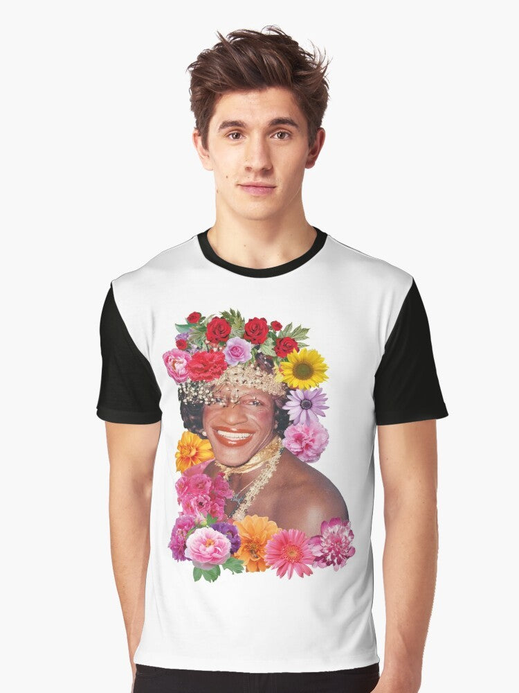 Marsha P. Johnson Floral Tribute T-Shirt featuring an inspiring graphic design honoring the LGBTQ+ activist and icon. - Men