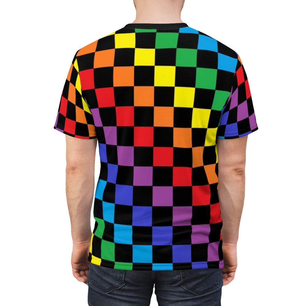 Colorful checkered rainbow pattern design on a black t-shirt - men back