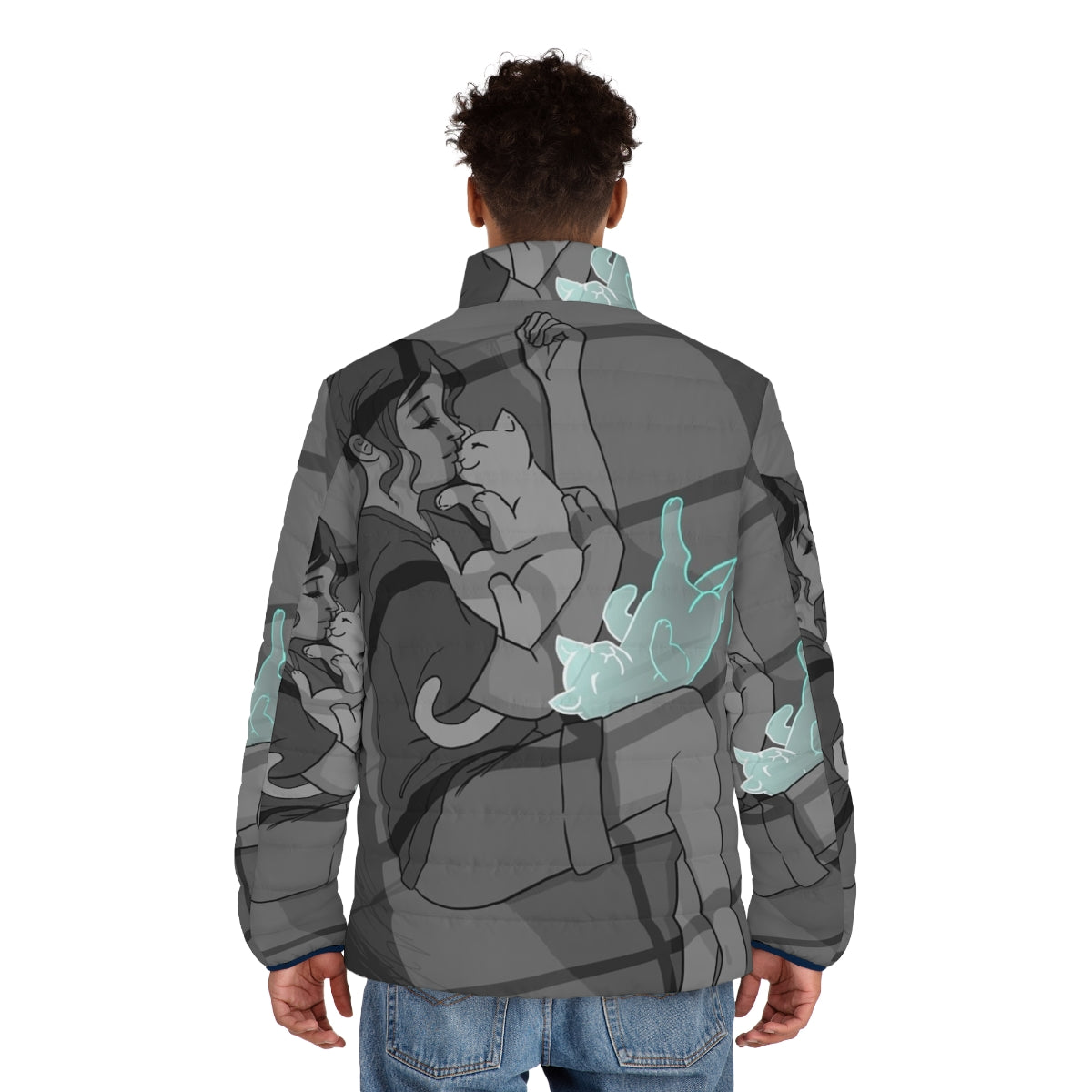 A dark puffer jacket featuring a grim reaper cuddling a cat, inspired by the "Waiting" webcomic by Jenny Jinya. - men back