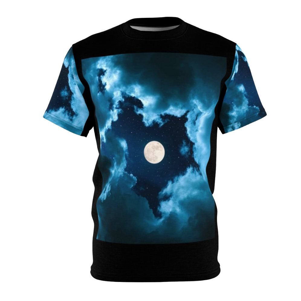 Moonshine-inspired cosmic t-shirt with galaxy, stars, and celestial elements