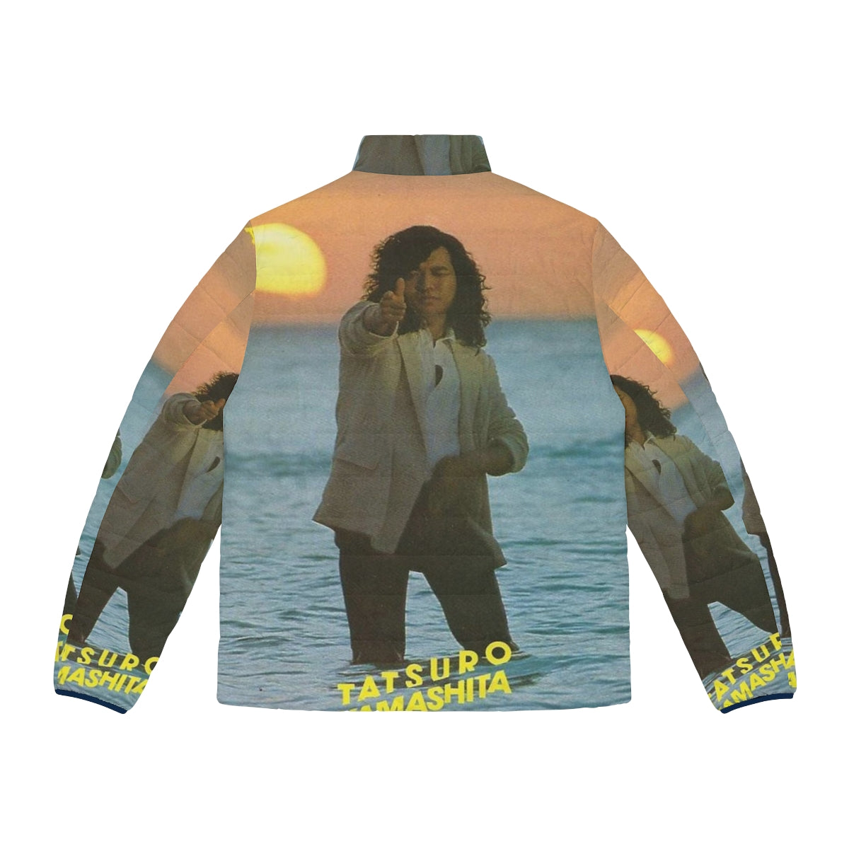 Retro puffer jacket featuring the album cover art for Tatsuro Yamashita's "Ride On Time" - Back