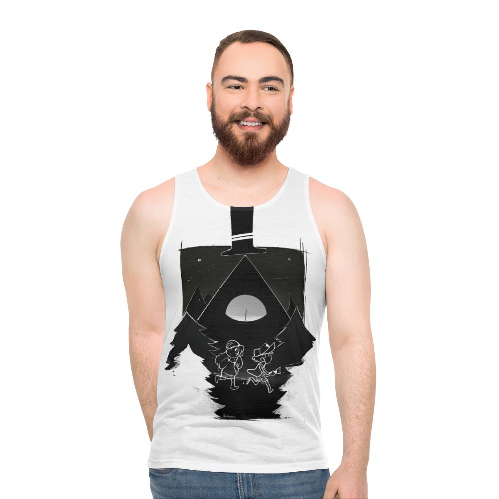 Gravity Falls inspired unisex tank top featuring Dipper, Mabel and Bill Cipher - men