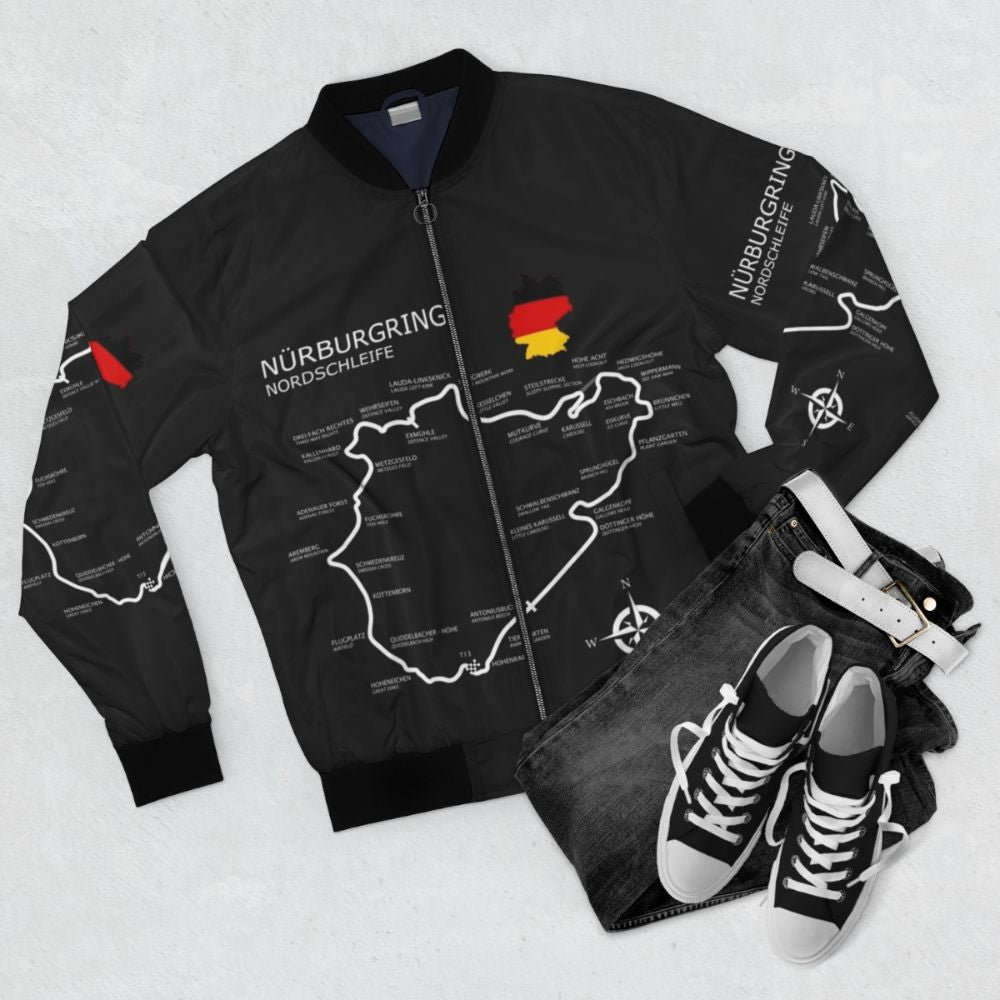 Nurburgring Nordschleife bomber jacket featuring the iconic German racing circuit - Flat lay