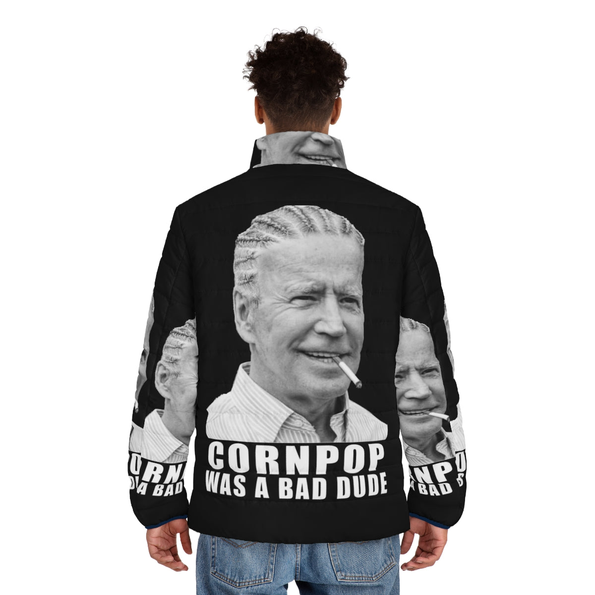 Joe Biden Corn Pop Puffer Jacket featuring hilarious political satire design - men back