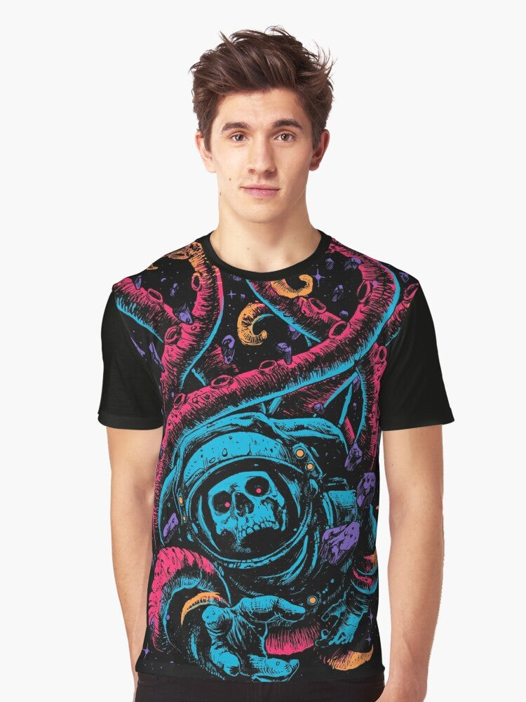 A colorful and surrealist graphic t-shirt featuring a lost, scary, and spooky design. - Men