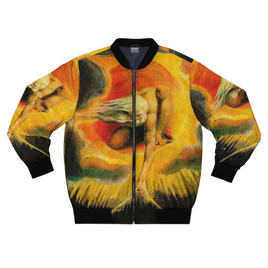 A bomber jacket featuring the iconic 'The Ancient of Days' painting by the English Romantic artist William Blake, depicting God the Creator.