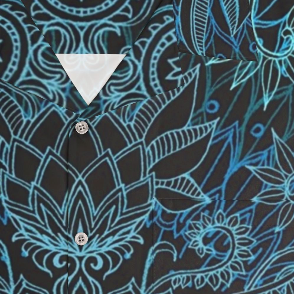 Black Teal Aqua Protea Doodle Pattern Hawaiian Shirt - Detail