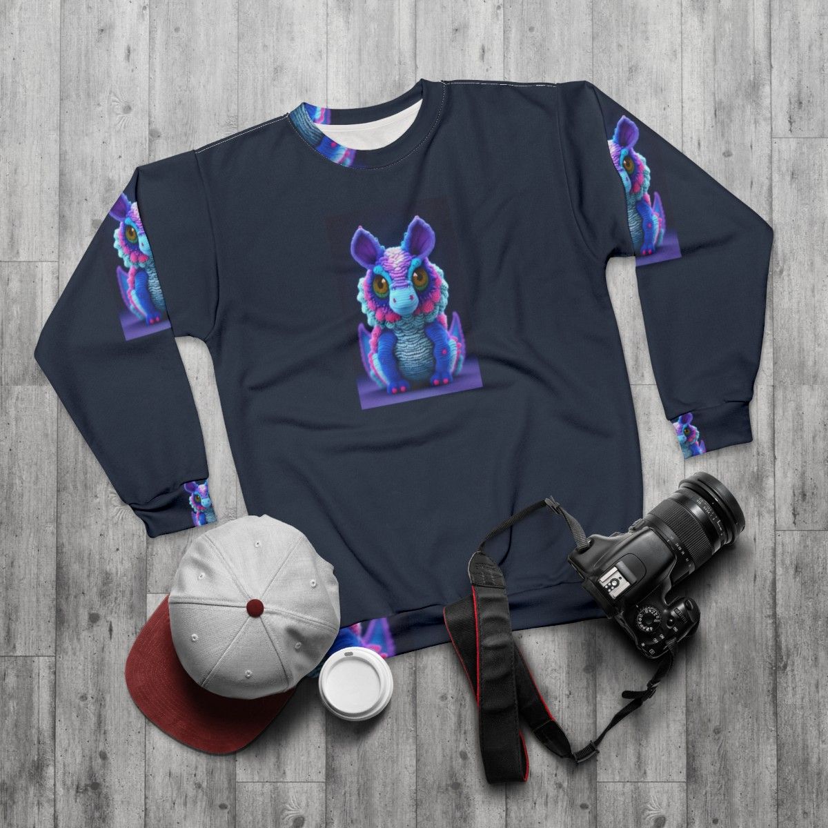 Legendary creature sweatshirt with vibrant, intricate fantasy design - flat lay