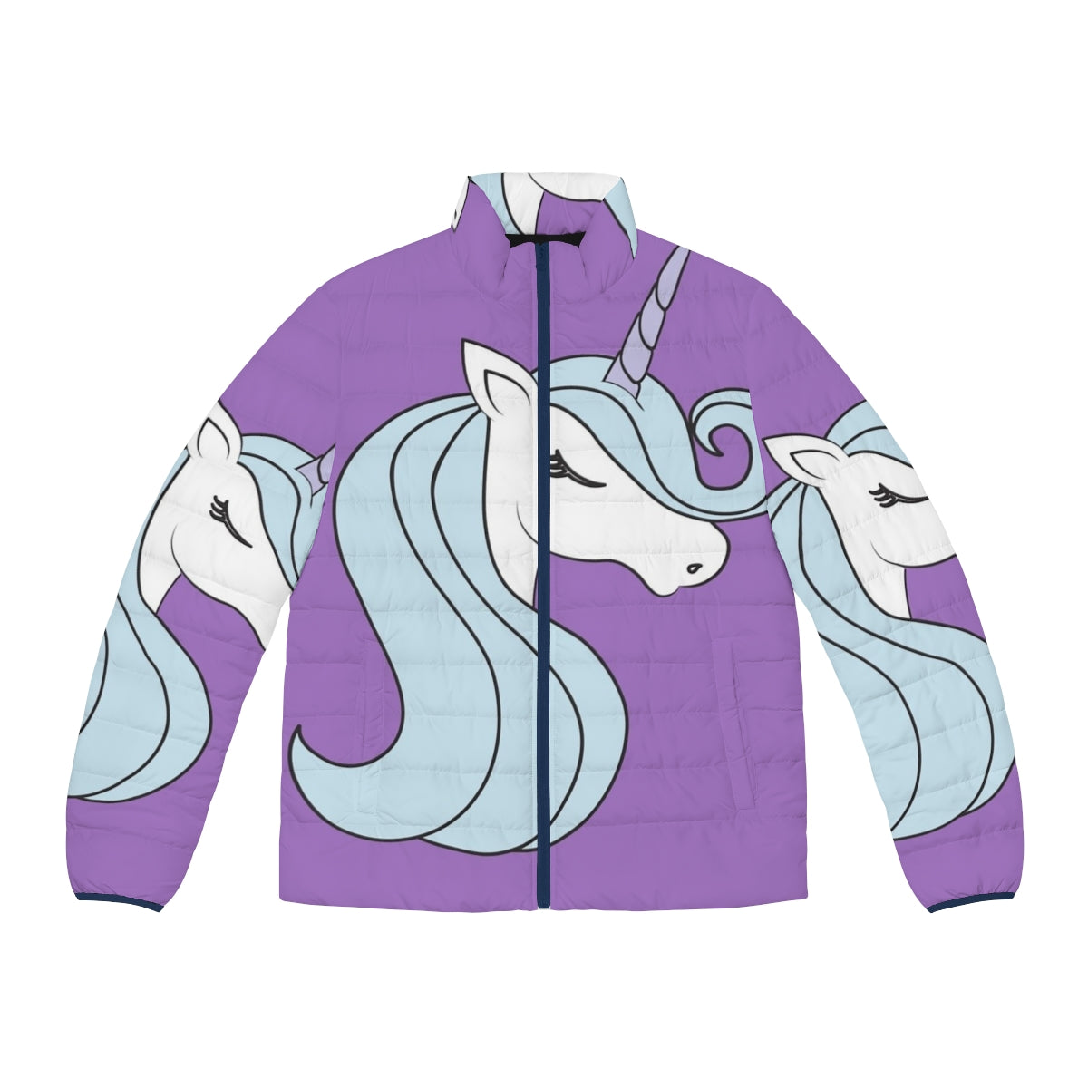 The Last Unicorn Minimalist Puffer Jacket with a unicorn head and horn in purple and blue