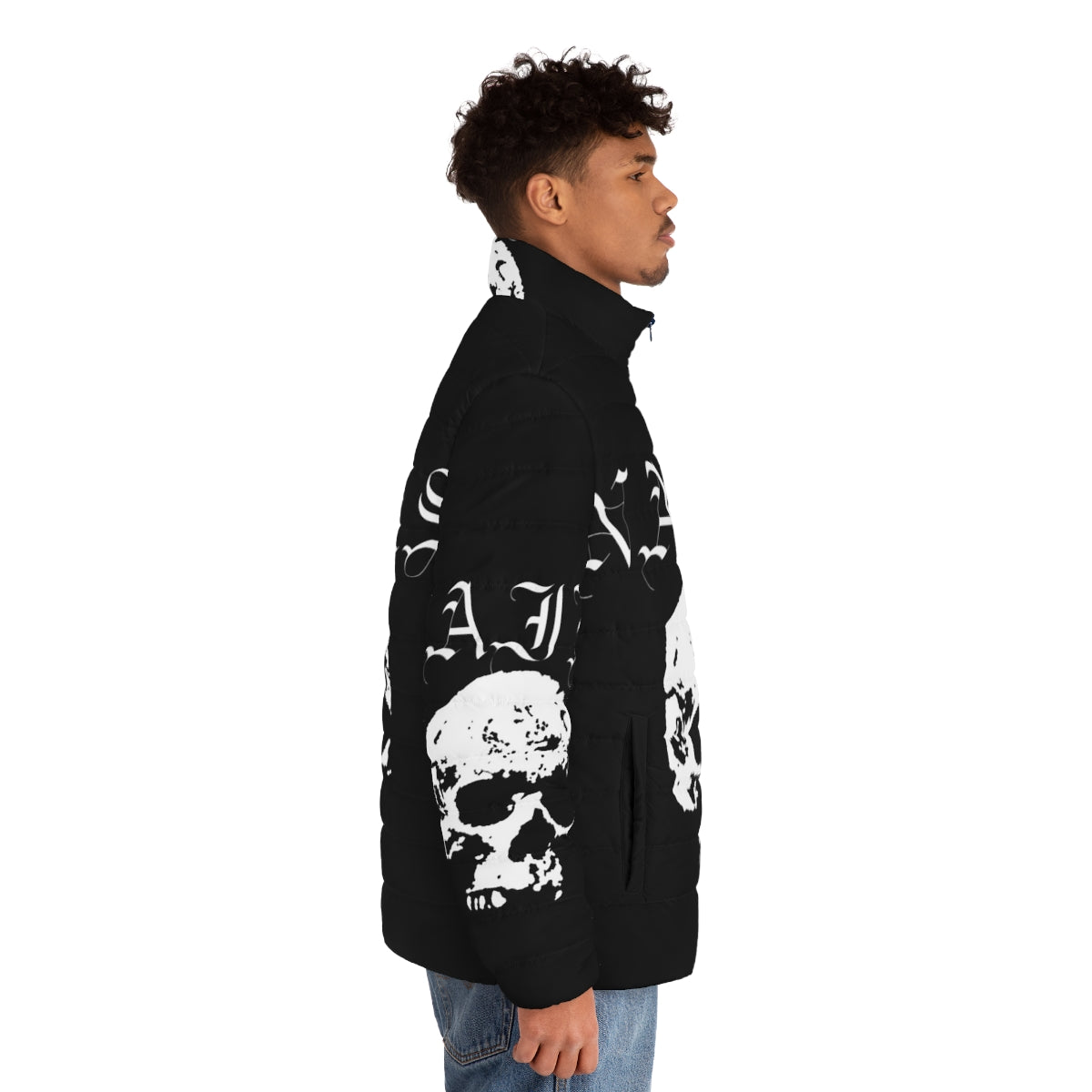 Nails hardcore punk band white puffer jacket featuring skull and edgy design - men side right