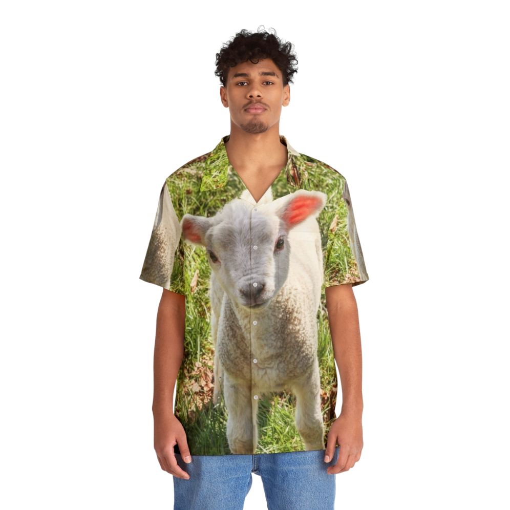 Cute baby lamb wearing a tropical Hawaiian shirt - People Front