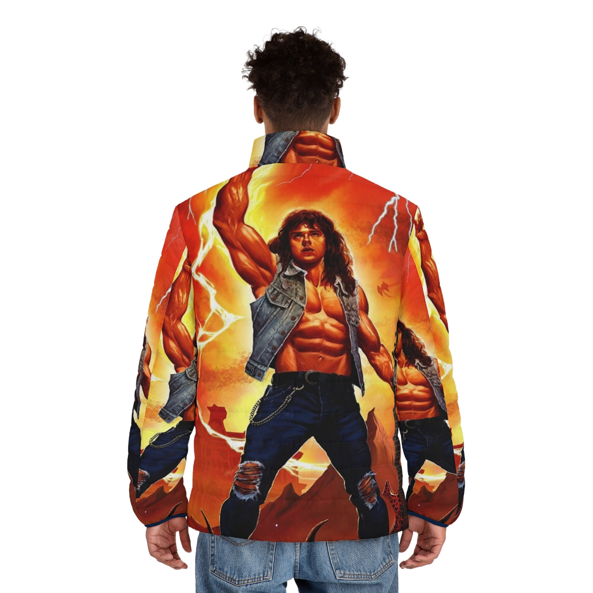 Retro horror-themed puffer jacket for kids with spooky designs - men back