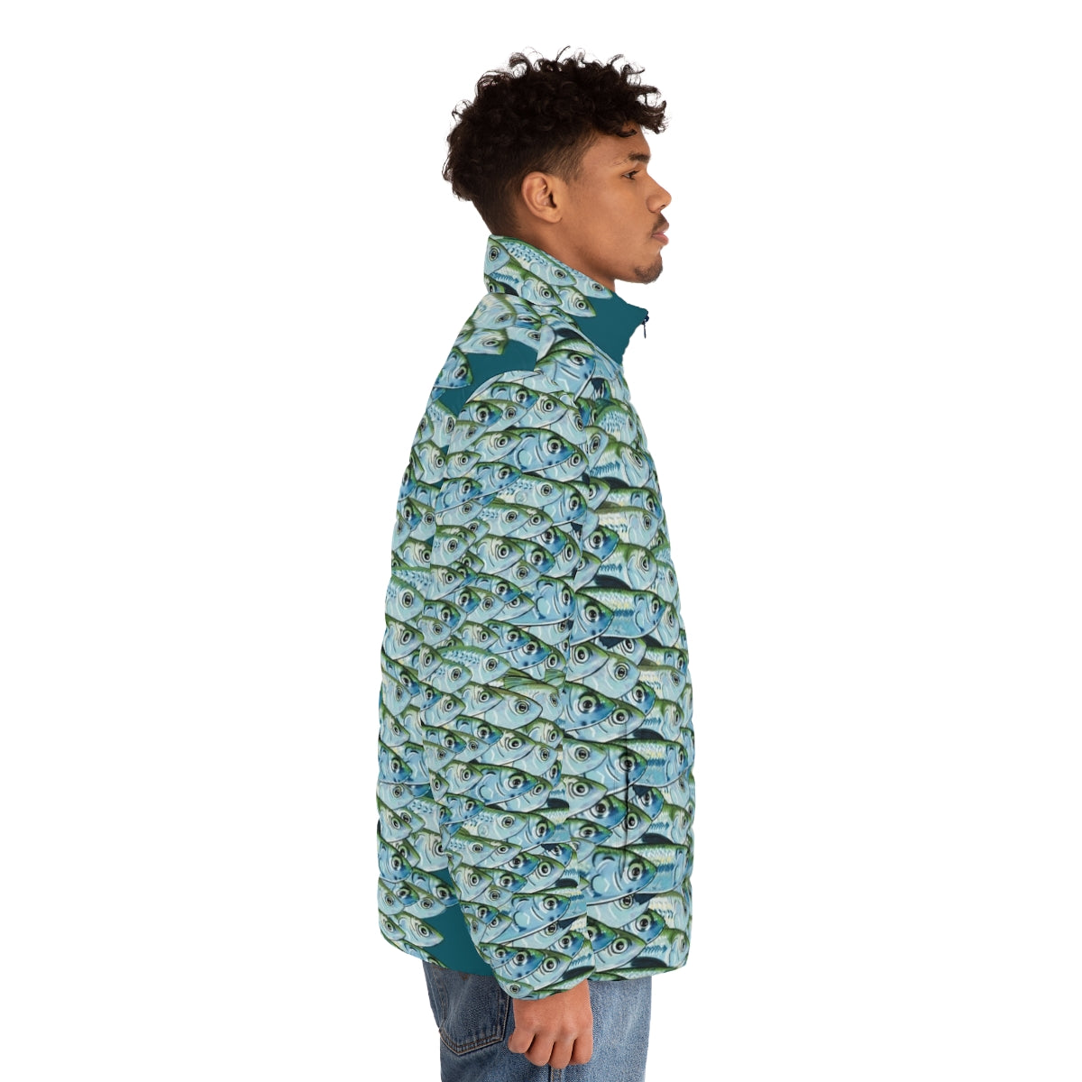 Green Backs Puffer Jacket with fishing and marine themed design - men side right