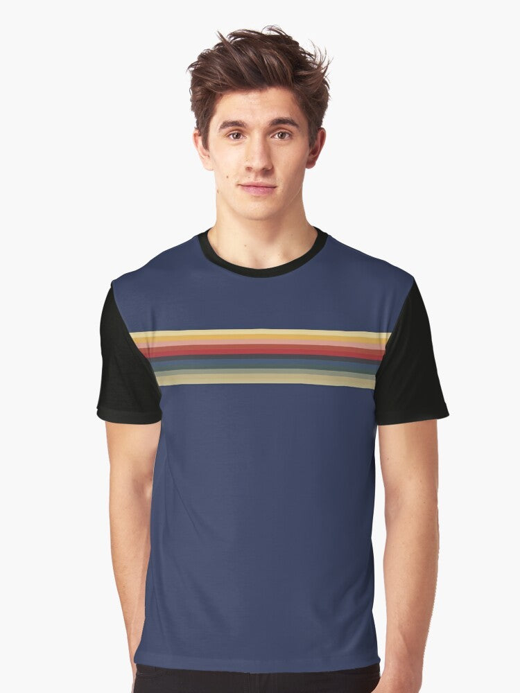 Jodie Whittaker as the 13th Doctor wearing a graphic t-shirt with a rainbow and line pattern - Men