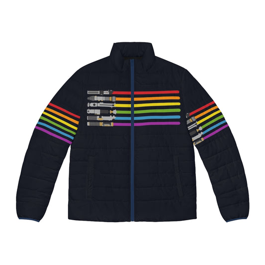 A vibrant puffer jacket with a galaxy print and colorful lightsabers, perfect for Star Wars and LGBTQ+ fans.