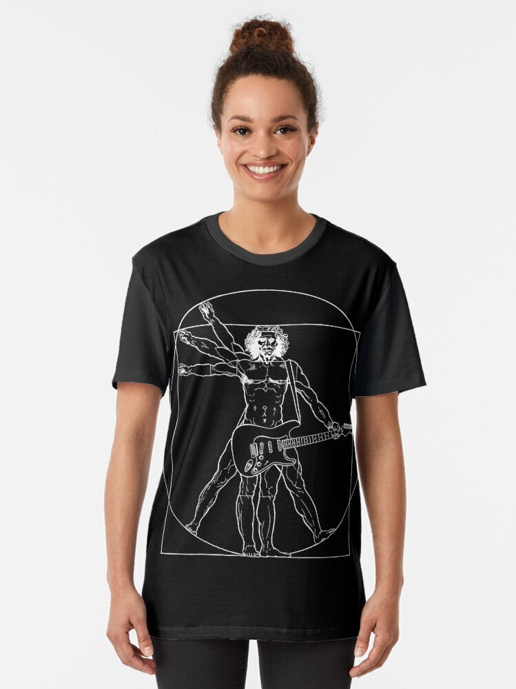 Vetruvian man graphic t-shirt with electric guitar, inspired by Leonardo da Vinci's classical artwork - Women