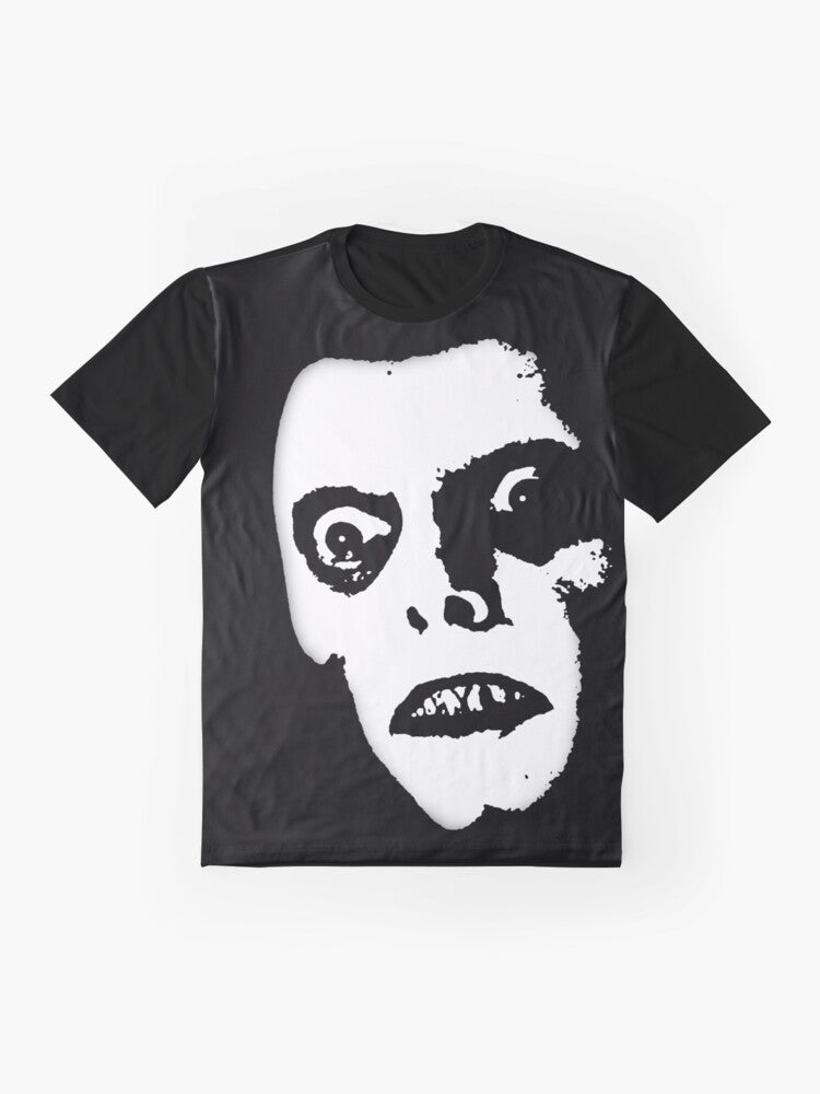 Pazuzu face graphic t-shirt, exorcist horror movie reference - Flat lay