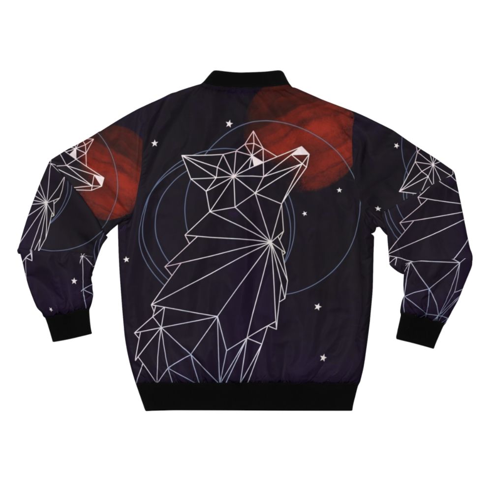 A cool and stylish cosmic bomber jacket featuring a fox surrounded by stars and geometric patterns in a galaxy-inspired design. - Back