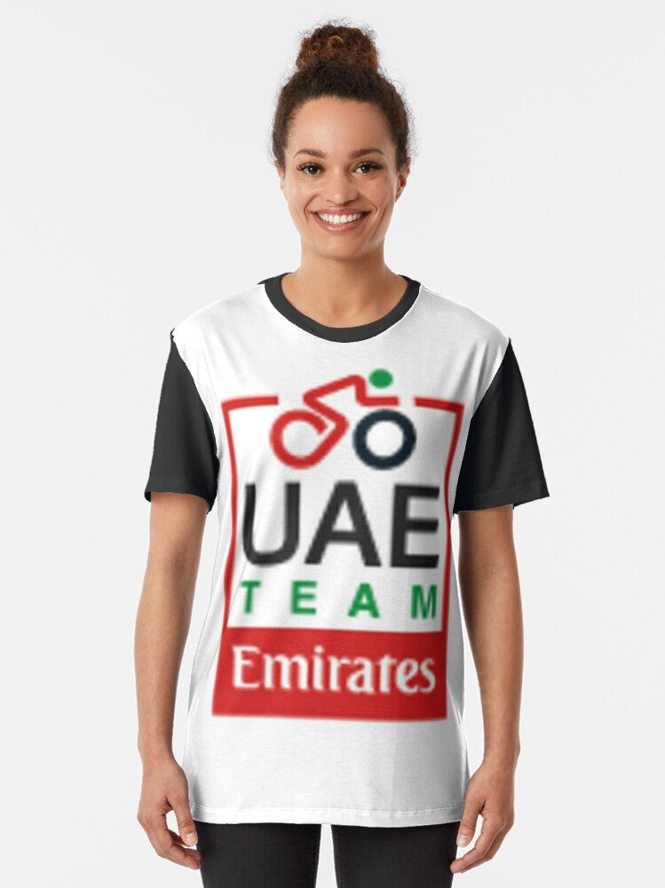 UAE Team Emirates Cycling Graphic T-Shirt featuring Tadej Pogacar and the team's logo - Women