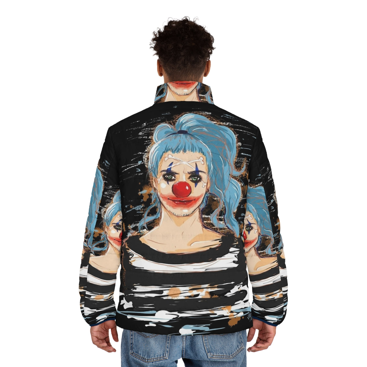 Impel Down Puffer Jacket featuring Buggy the Clown from One Piece anime - men back