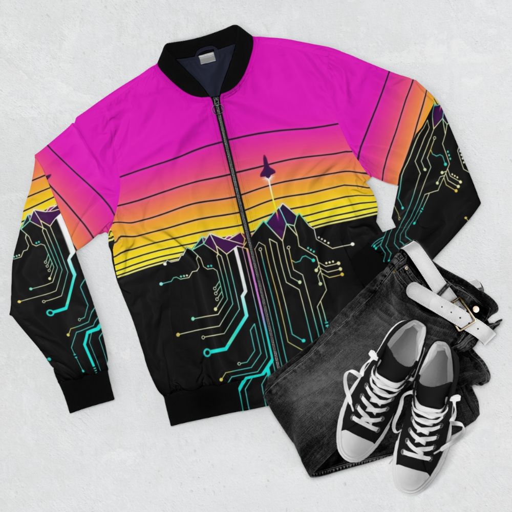 Synth Mountain Sunrise Bomber Jacket with retro 80s synthwave aesthetic design - Flat lay