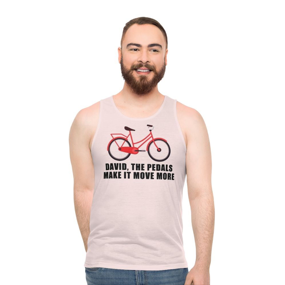 Unisex tank top with cycling-themed Schitt's Creek design - men