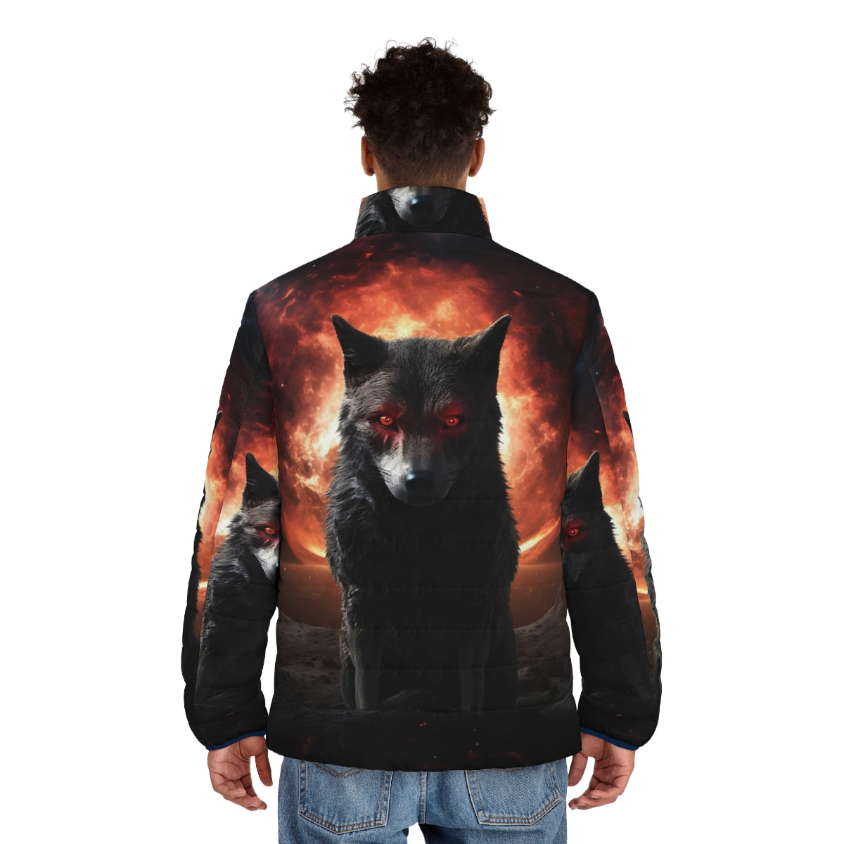 Satanic dog puffer jacket with a spooky, horror-themed design - men back