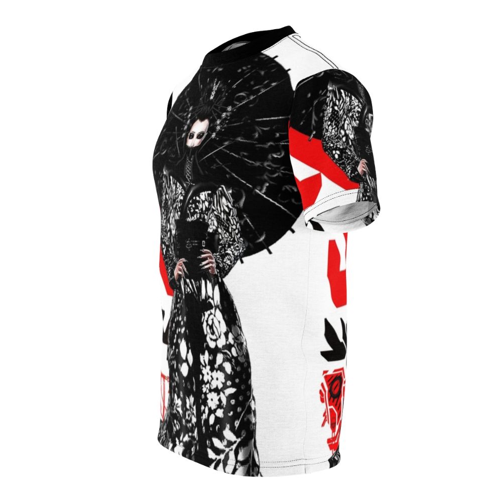 Cyberpunk inspired urban style t-shirt featuring a futuristic geisha design - men left