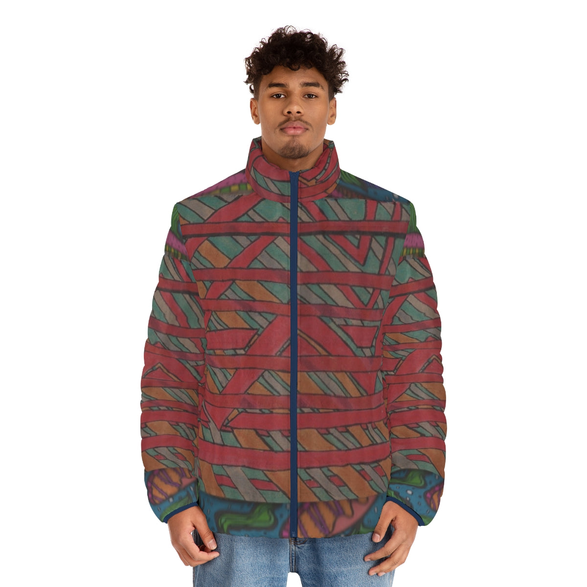 Puffer jacket with abstract, experimental jazz-inspired design - men front