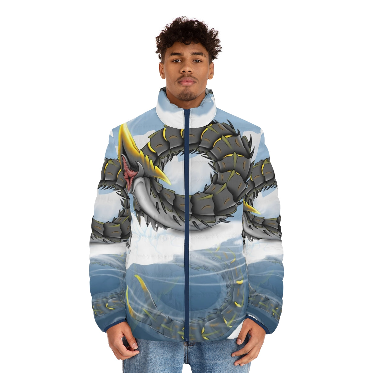 Subnautica inspired puffer jacket featuring an ice worm design - men front