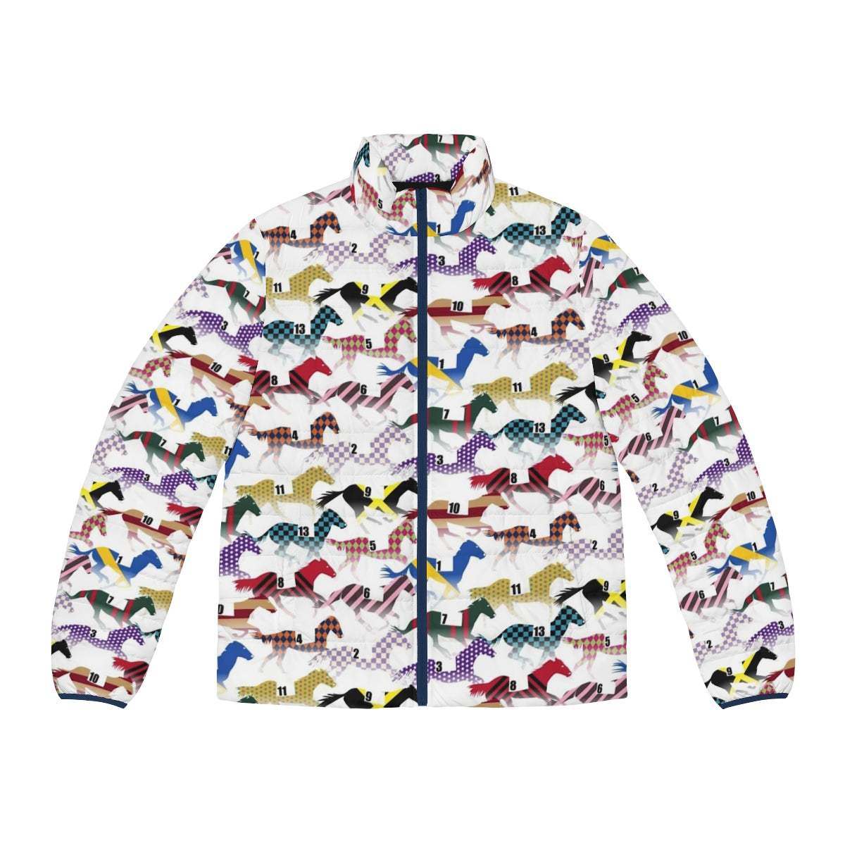 A colorful puffer jacket featuring a horse silhouette and jockey silk pattern