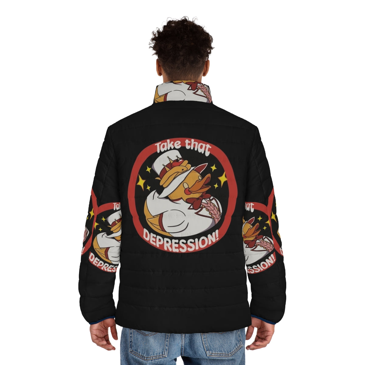 Hazbin Hotel Inspired Puffer Jacket with Lucifer, Alastor, and Angel Dust Graphics - men back