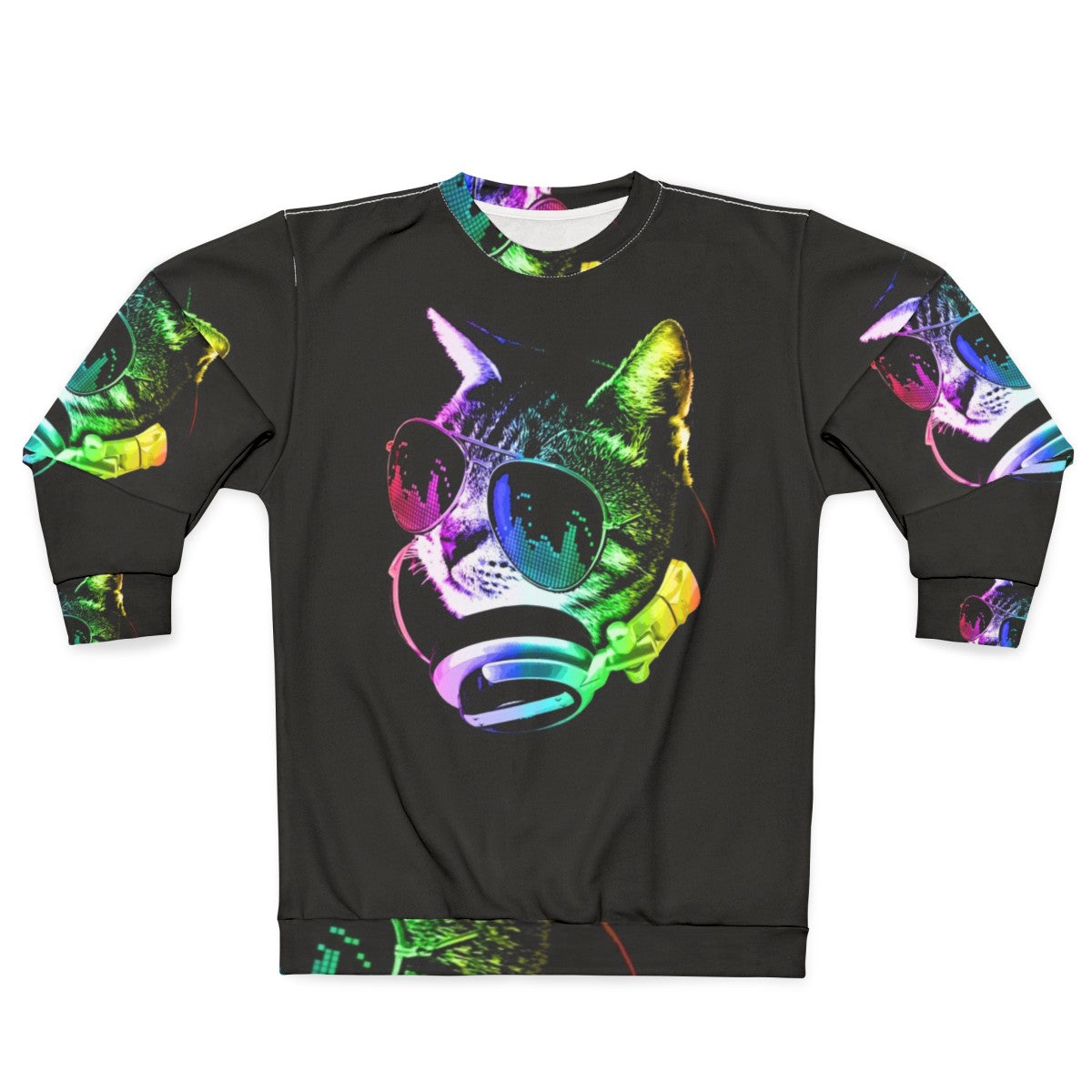 Colorful music cat sweatshirt with rainbow and headphones