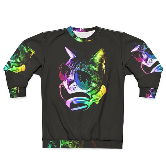 Colorful music cat sweatshirt with rainbow and headphones