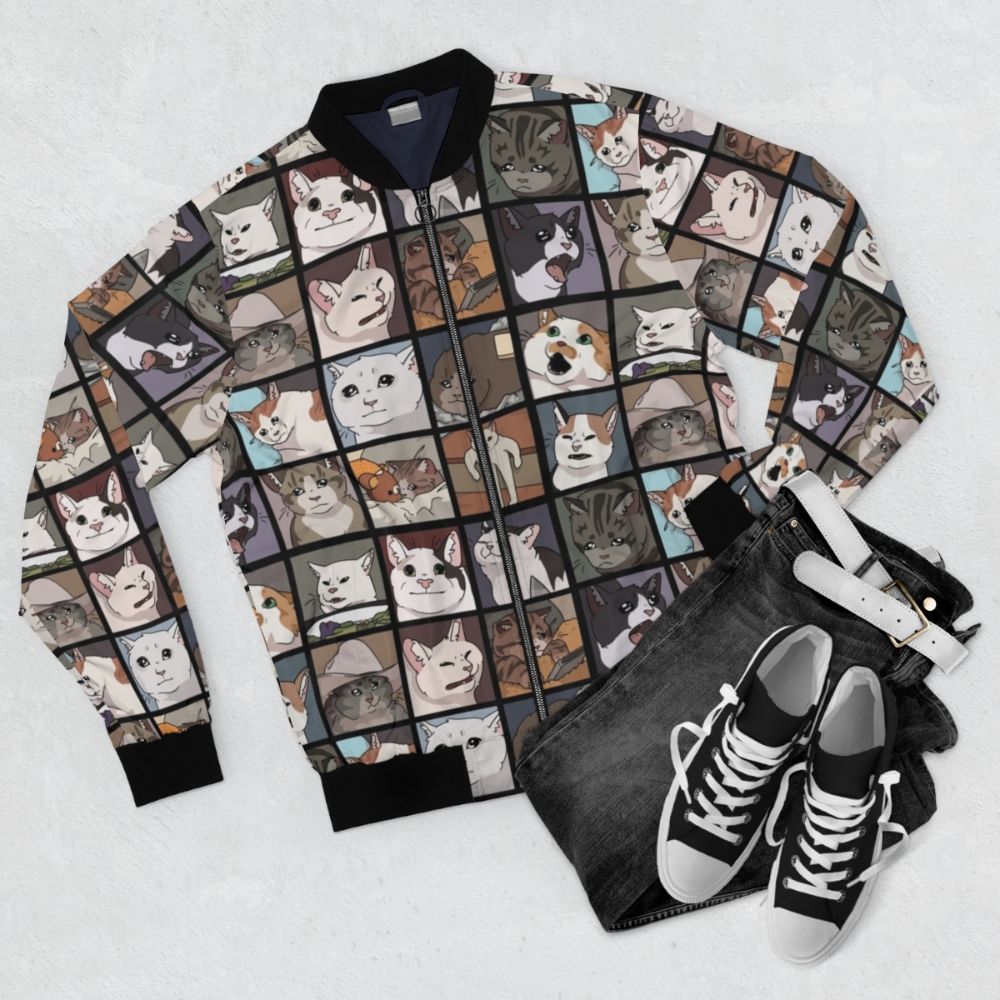 Meme Cats 2.0 Bomber Jacket featuring cute and funny crying cat memes - Flat lay