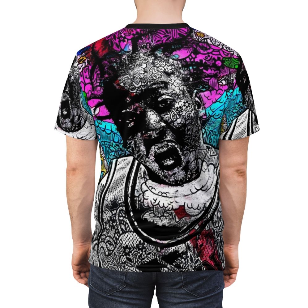 Vibrant all-over-print t-shirt featuring a bold graphic design inspired by the iconic Wu-Tang Clan member Ol' Dirty Bastard - men back