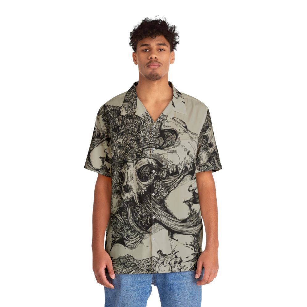 Tropical floral Hawaiian shirt with ink skull wolf antlers design - People Front