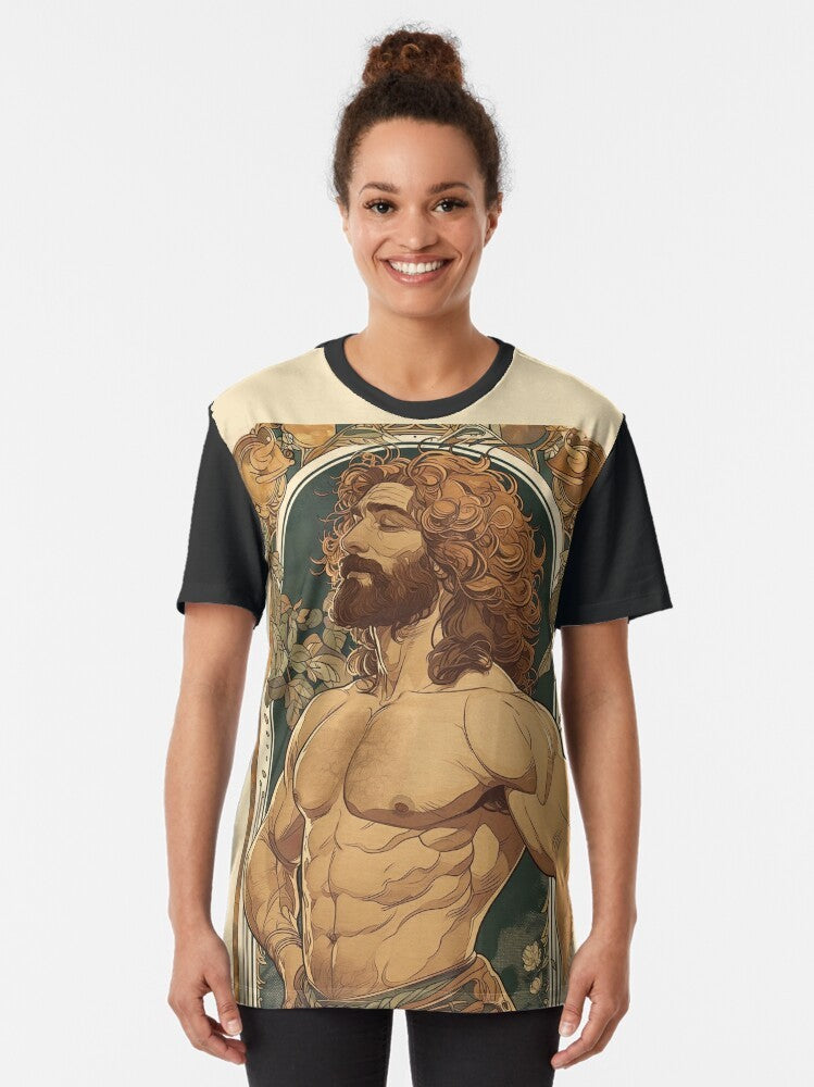 A graphic t-shirt featuring a cute, hairy man in an Art Nouveau style design inspired by Alphonse Mucha and Gustav Klimt. - Women